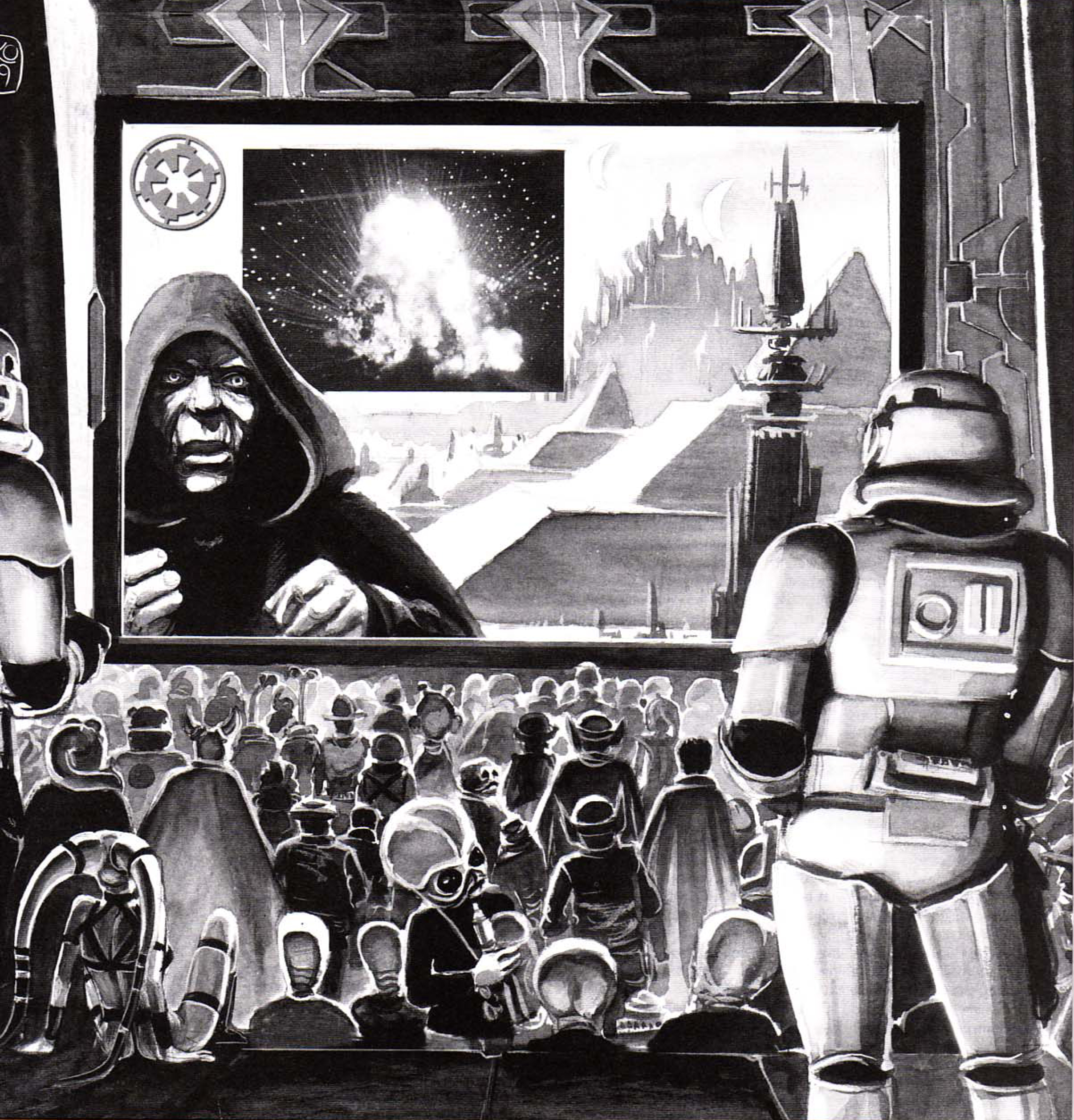 The Emperor announcing the destruction of Alderaan to the population of Coruscant and accusing Rebels.