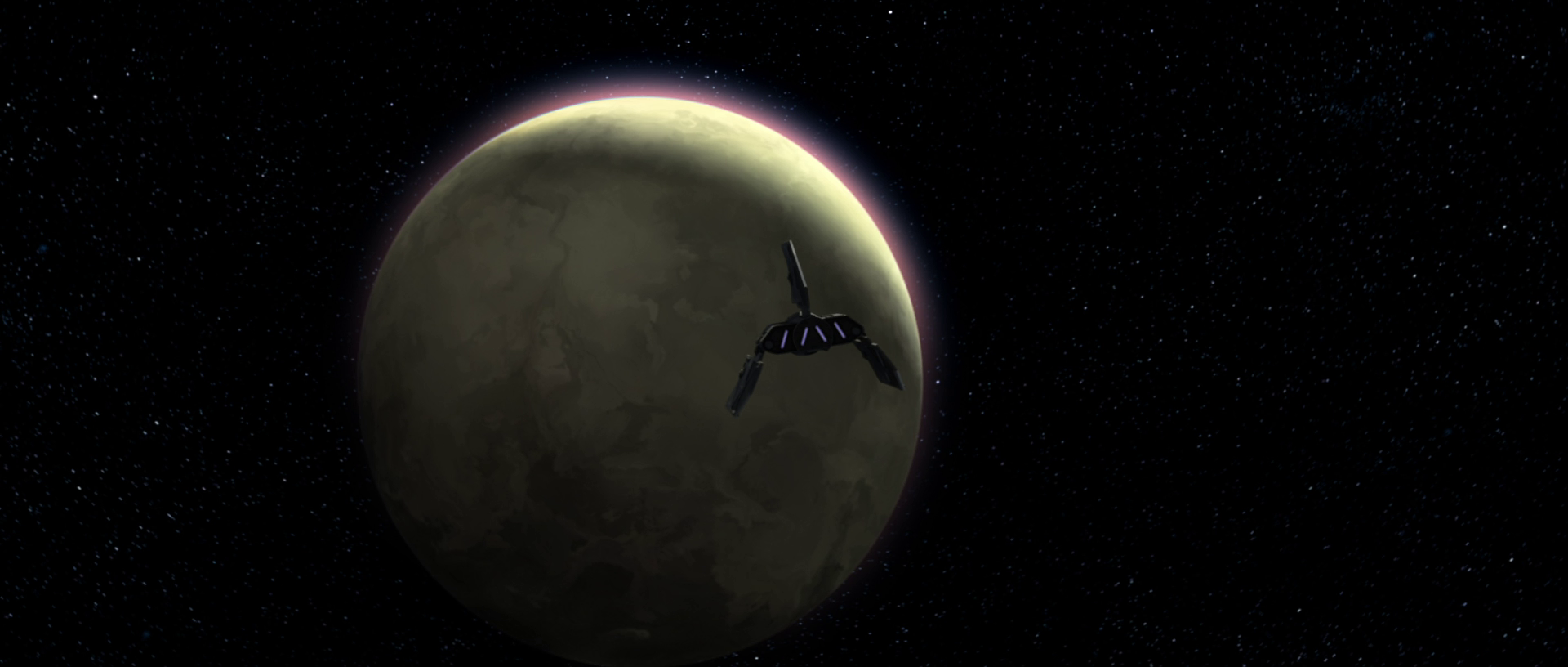 Darth Sidious' Eta-Class shuttle approaches Mandalore.