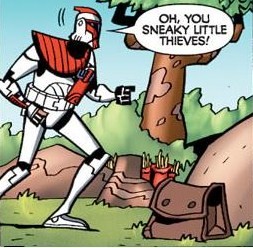 The clone trooper notices that the rockets for his cannon are missing.