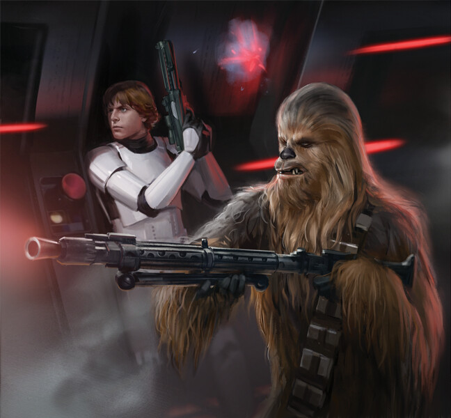 Luke Skywalker and Chewbacca attempting to escape Block AA-23