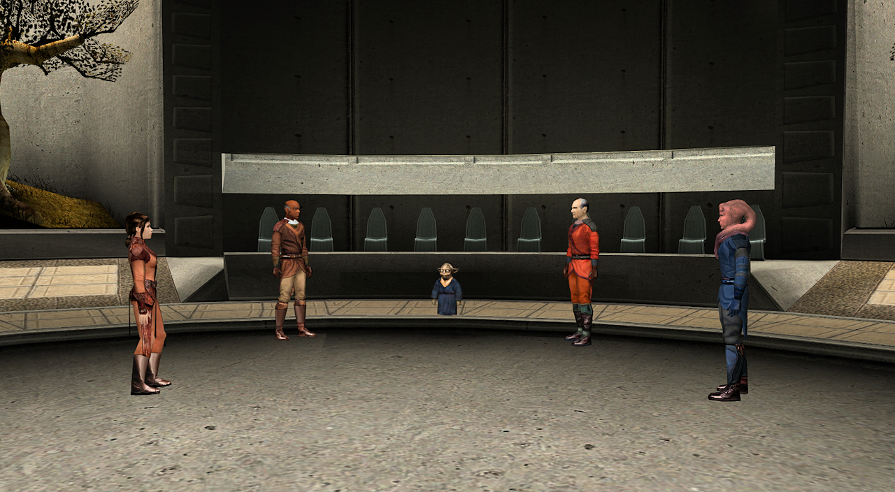 The Enclave Council debates the fate of Revan in the main gathering chamber.