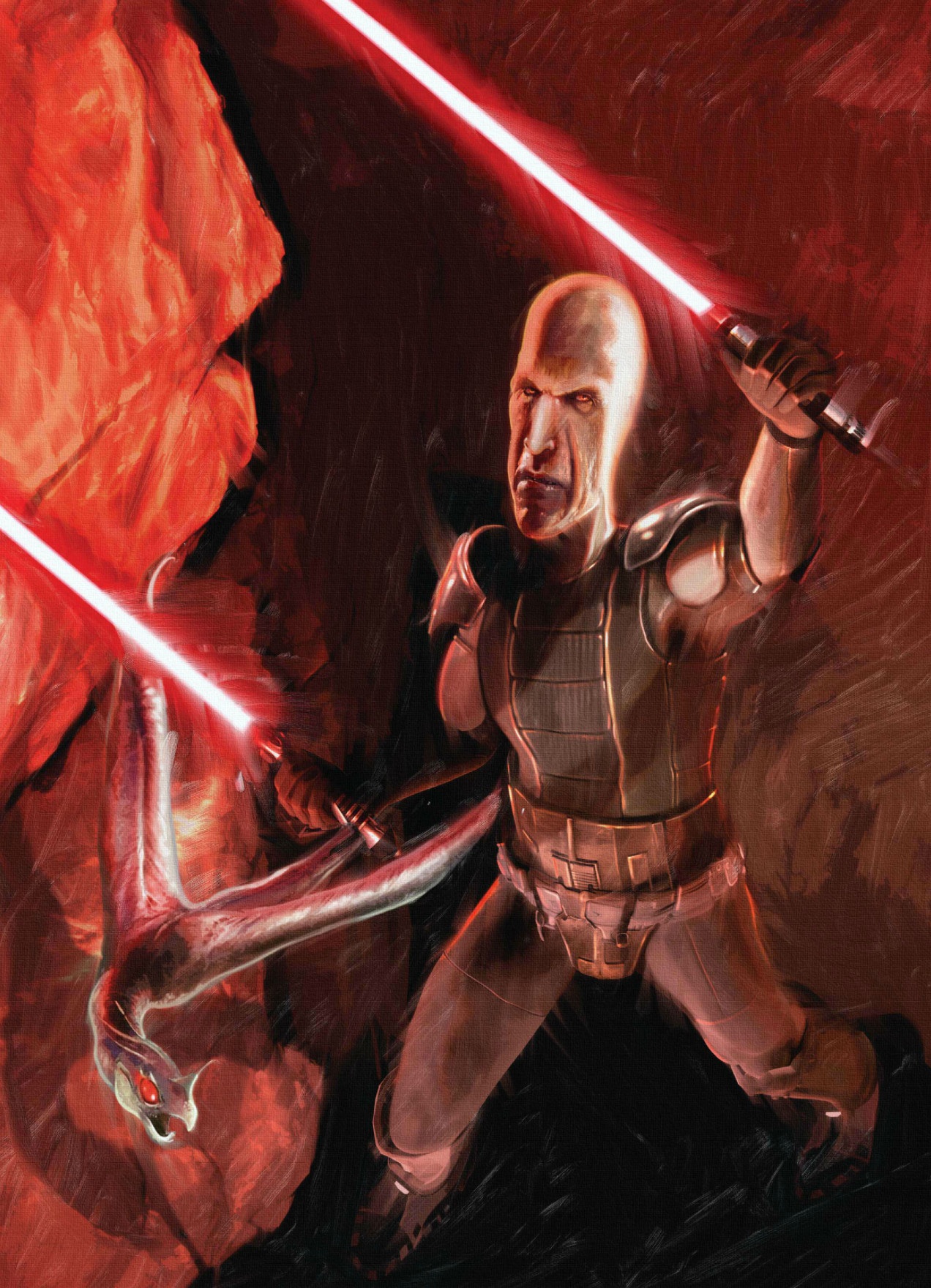 Darth Plagueis stands triumphant in a cavern on Bal'demnic after killing his master.