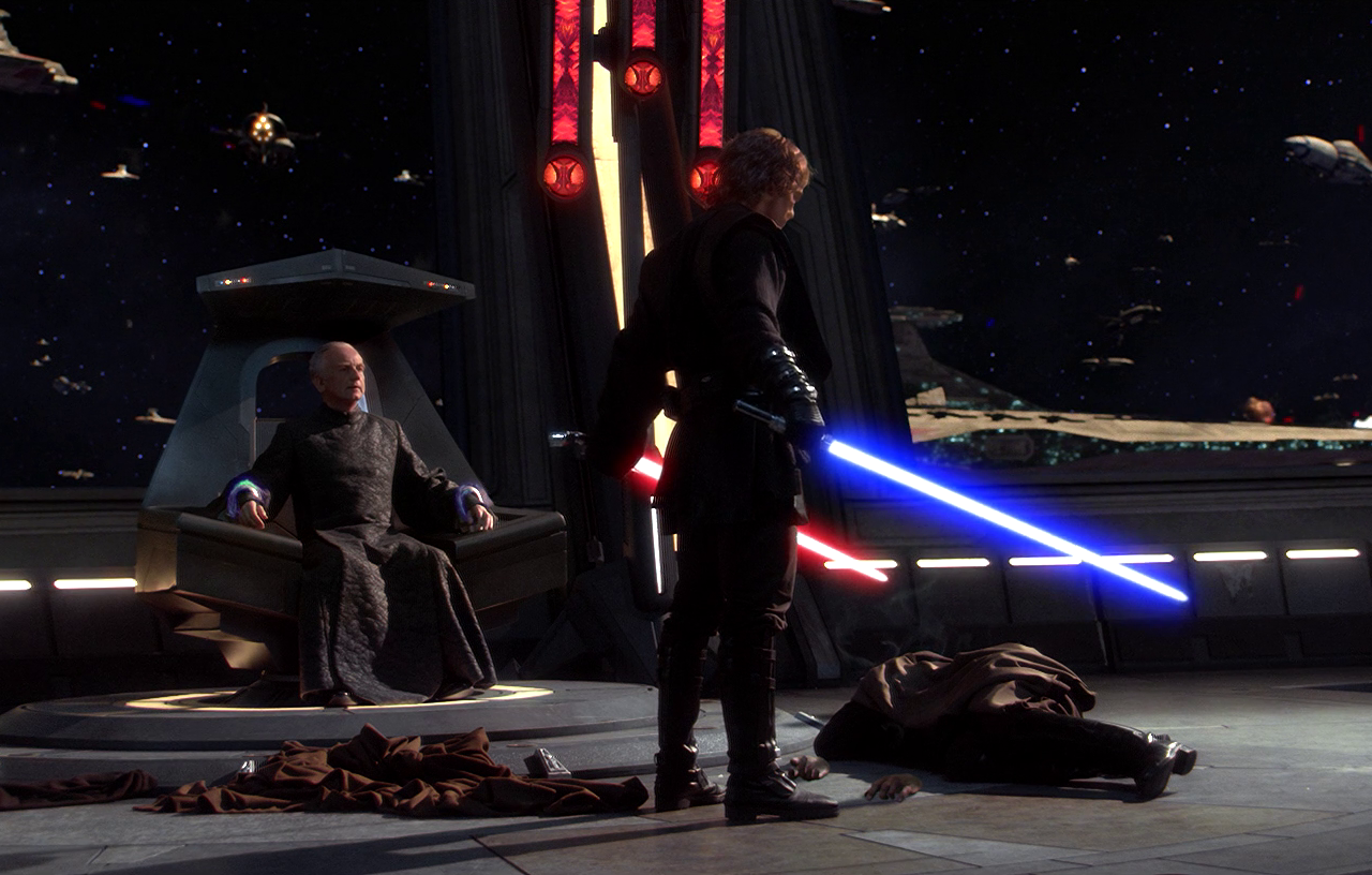 Anakin Skywalker kills Count Dooku on the Invisible Hand.