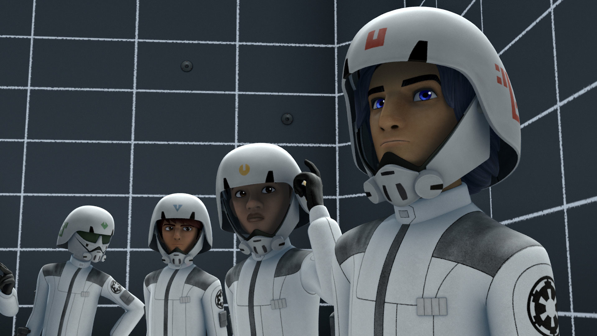 Nazhros Oleg, Jai Kell (third from the right), Zare Leonis, and Ezra Bridger in the Well