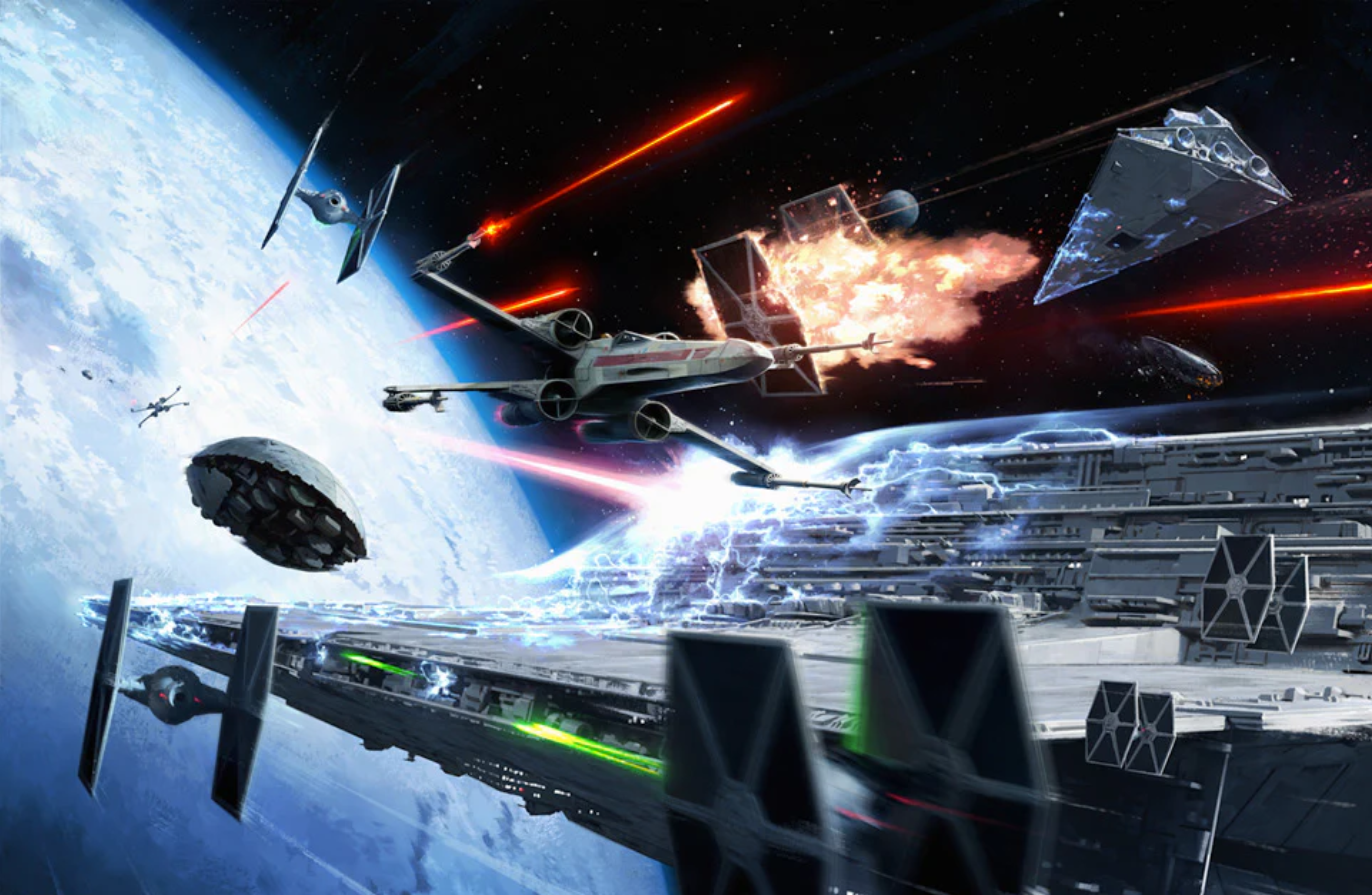 Starfighters and larger transports fly over Hoth as capital ships take fire from the surface