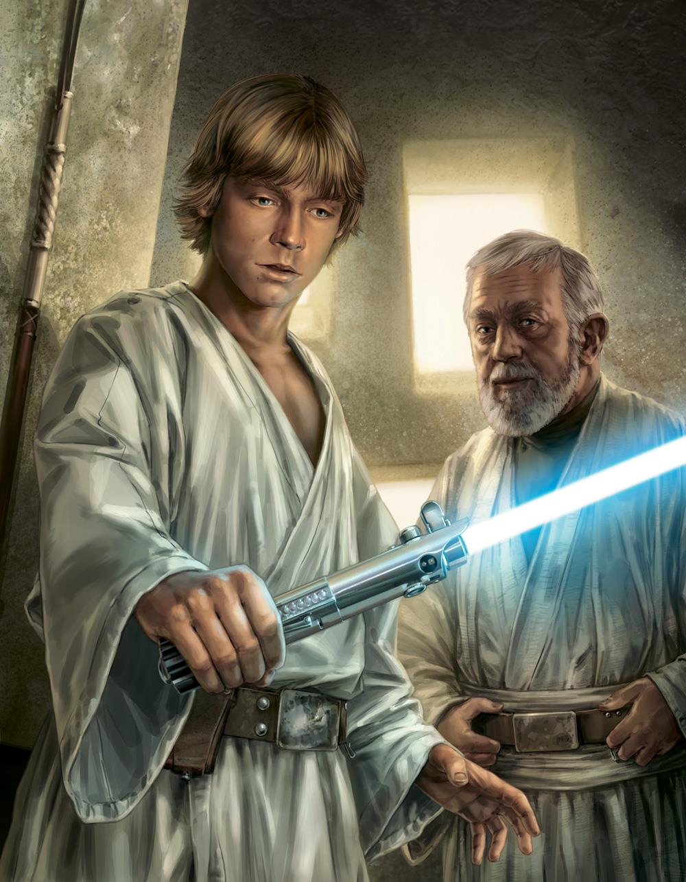 Luke Skywalker receives his father's lightsaber from Ben Kenobi.