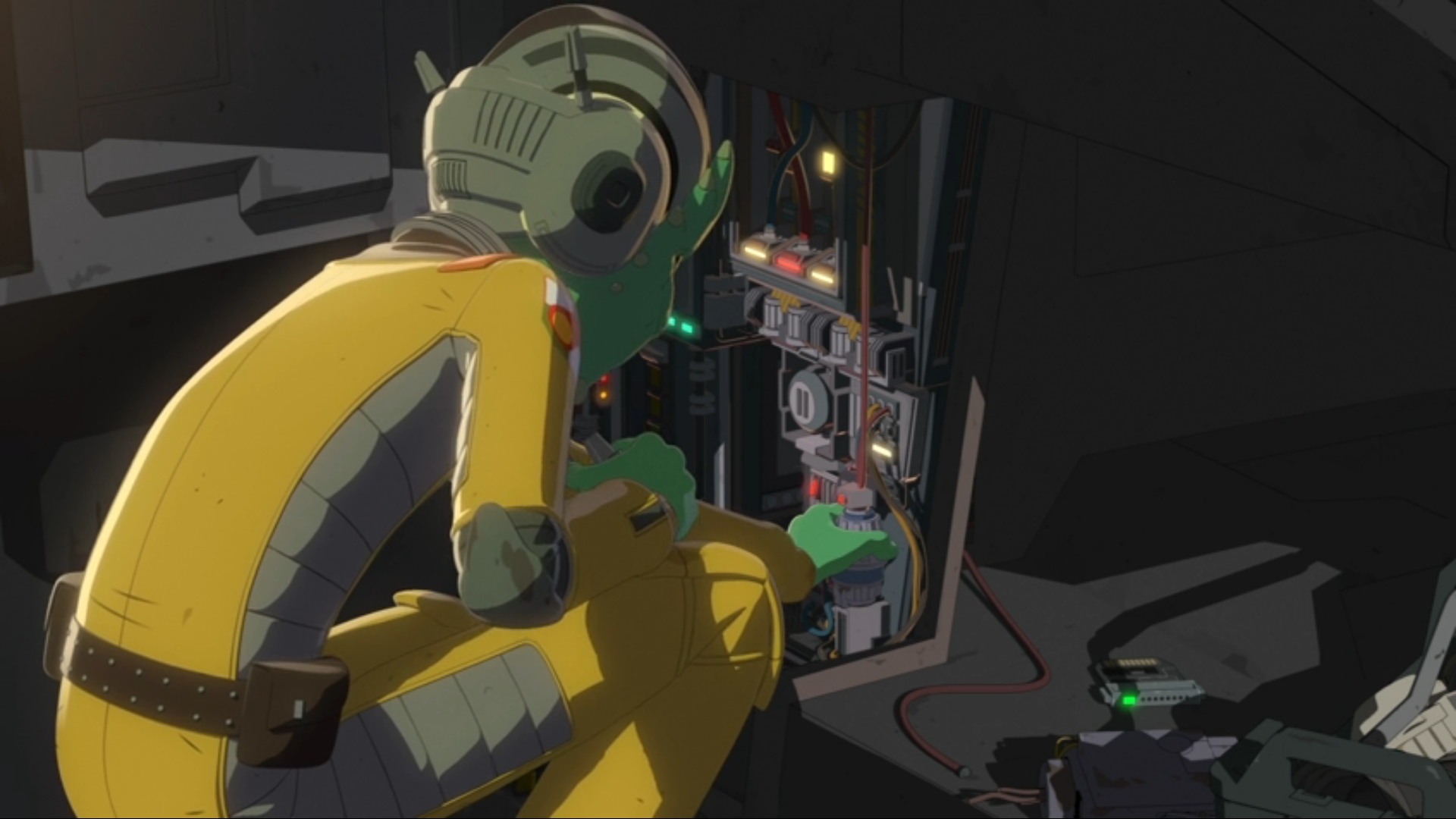 Neeku Vozo removes a K-spline from a console aboard the Colossus.