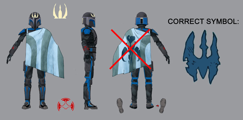 Pre Vizsla's concept model sheet shows the Mandalorian symbol on his cape.