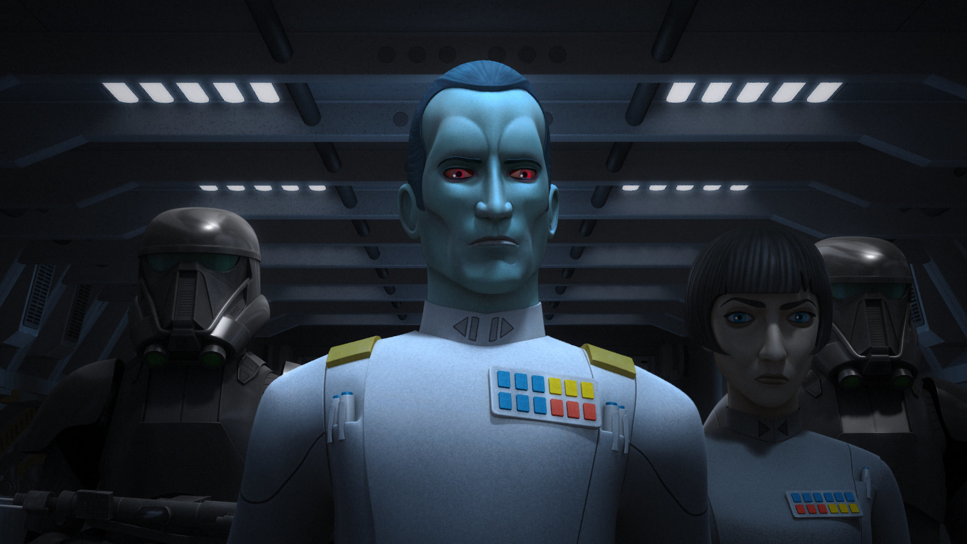 Grand Admiral Thrawn and Governor Pryce arrive at the airfield