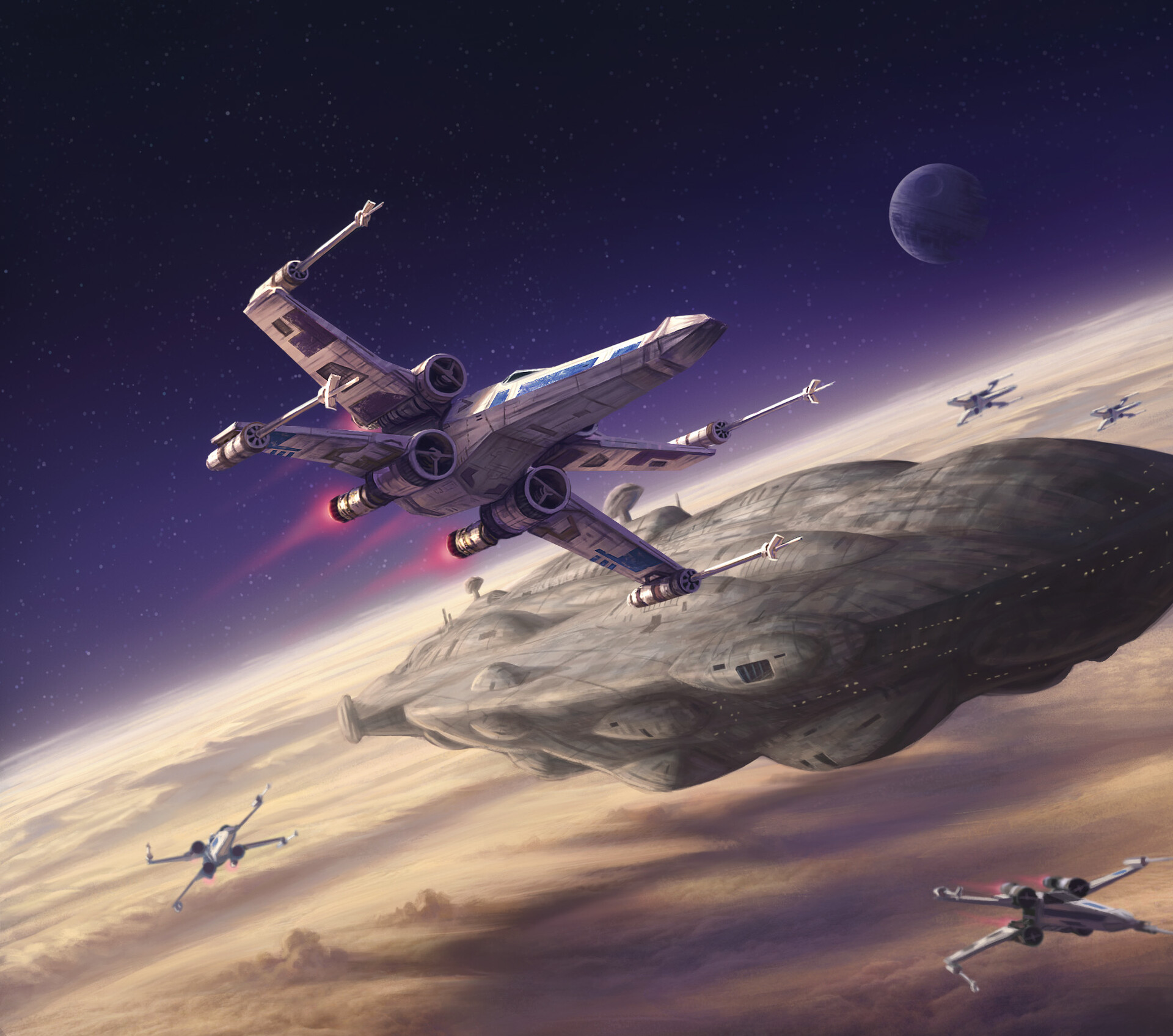 Corona Squadron flying near a Mon Calamari cruiser during the Battle of Endor.