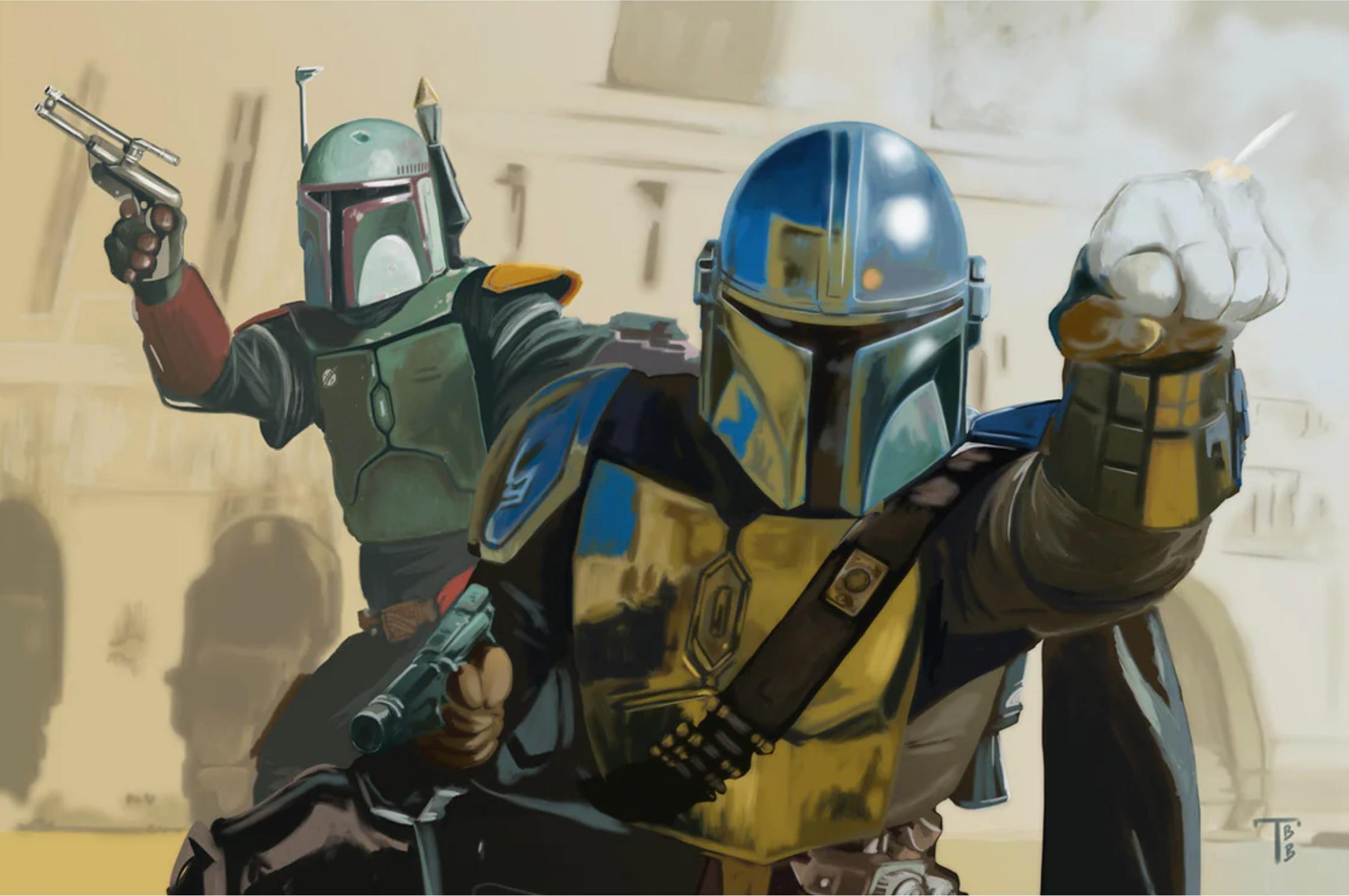 Djarin and Fett, in a joint effort, attempt to defend Mos Espa from the attacking Pykes.