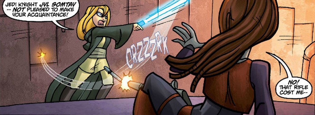 Somtay slicing through Aurra Sing's blaster rifle after she attacked the Jedi Master with it.