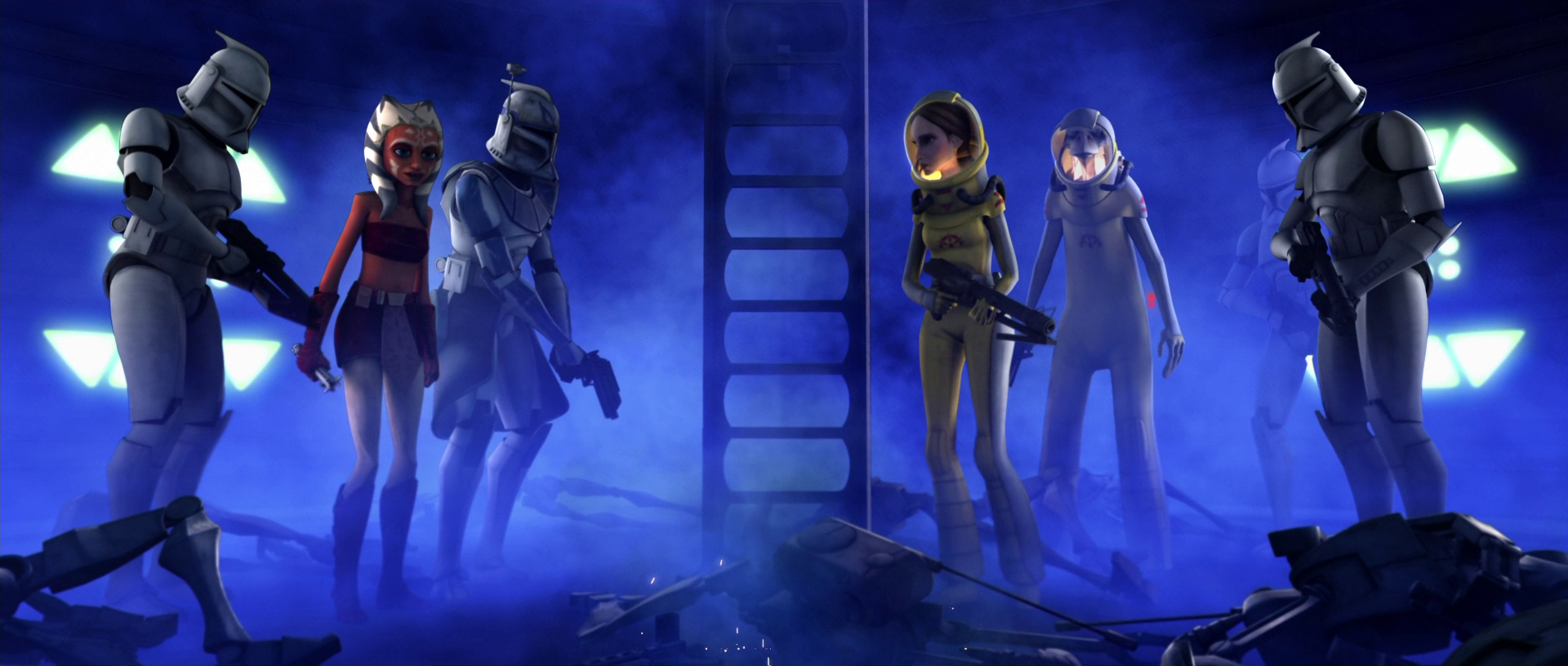 Ahsoka Tano, Captain Rex, and Padmé Amidala contain the Blue Shadow Virus within Nuvo Vindi's laboratory.