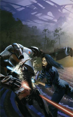 Barriss Offee destroys a B2 super battle droid on Drongar.