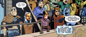 On Mon Gazza, Rex, Ahsoka Tano, and Anakin Skywalker watch a Podrace alongside other spectators.