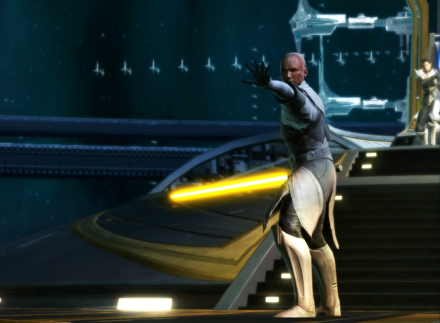 Arcann and Senya protect the Commander's unconscious body.