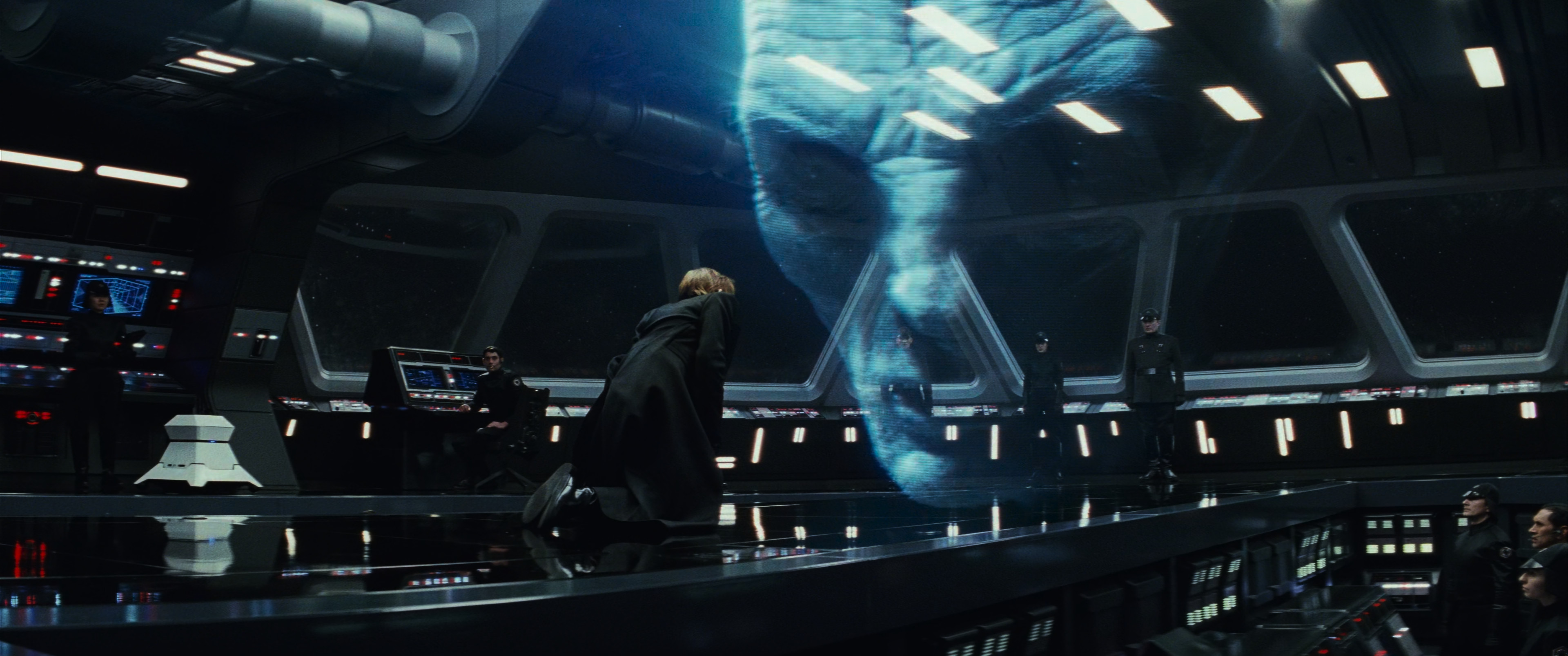 Snoke reprimanded Hux by way of the Force for failing to destroy the Resistance's forces at D'Qar.