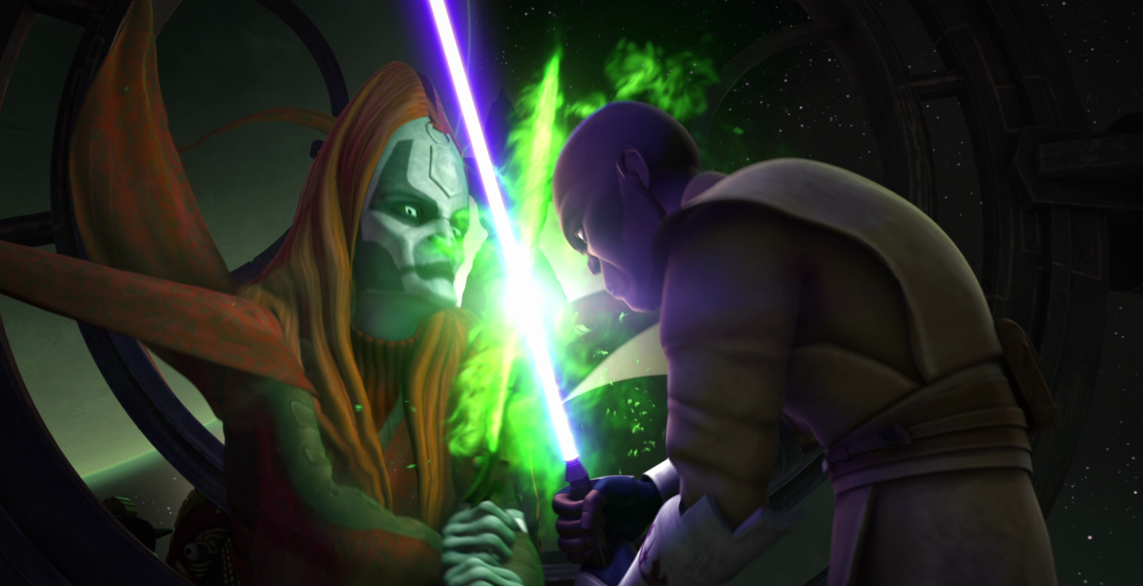 Talzin dueling Mace Windu with the sword.