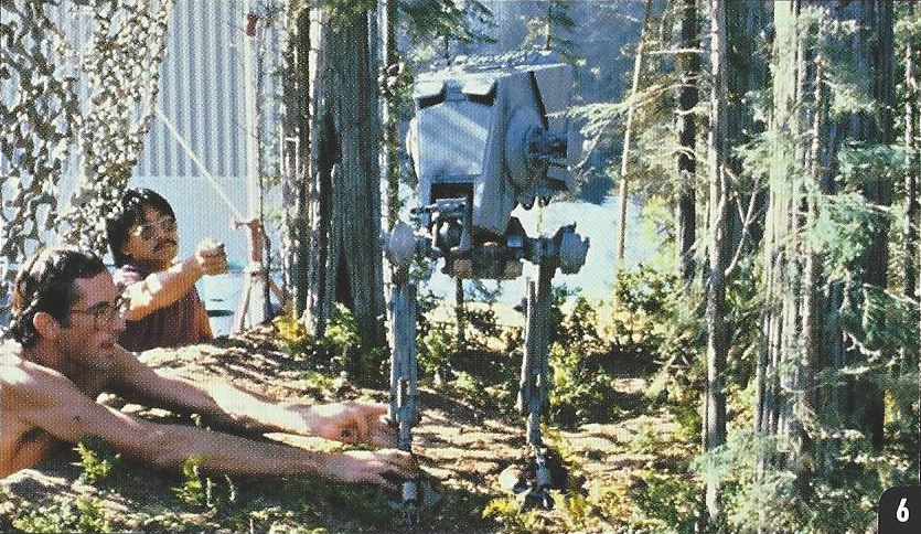 ILM model makers Paul Huston and Larry Tan painstakingly move a chicken walker for Star Wars: Episode VI Return of the Jedi