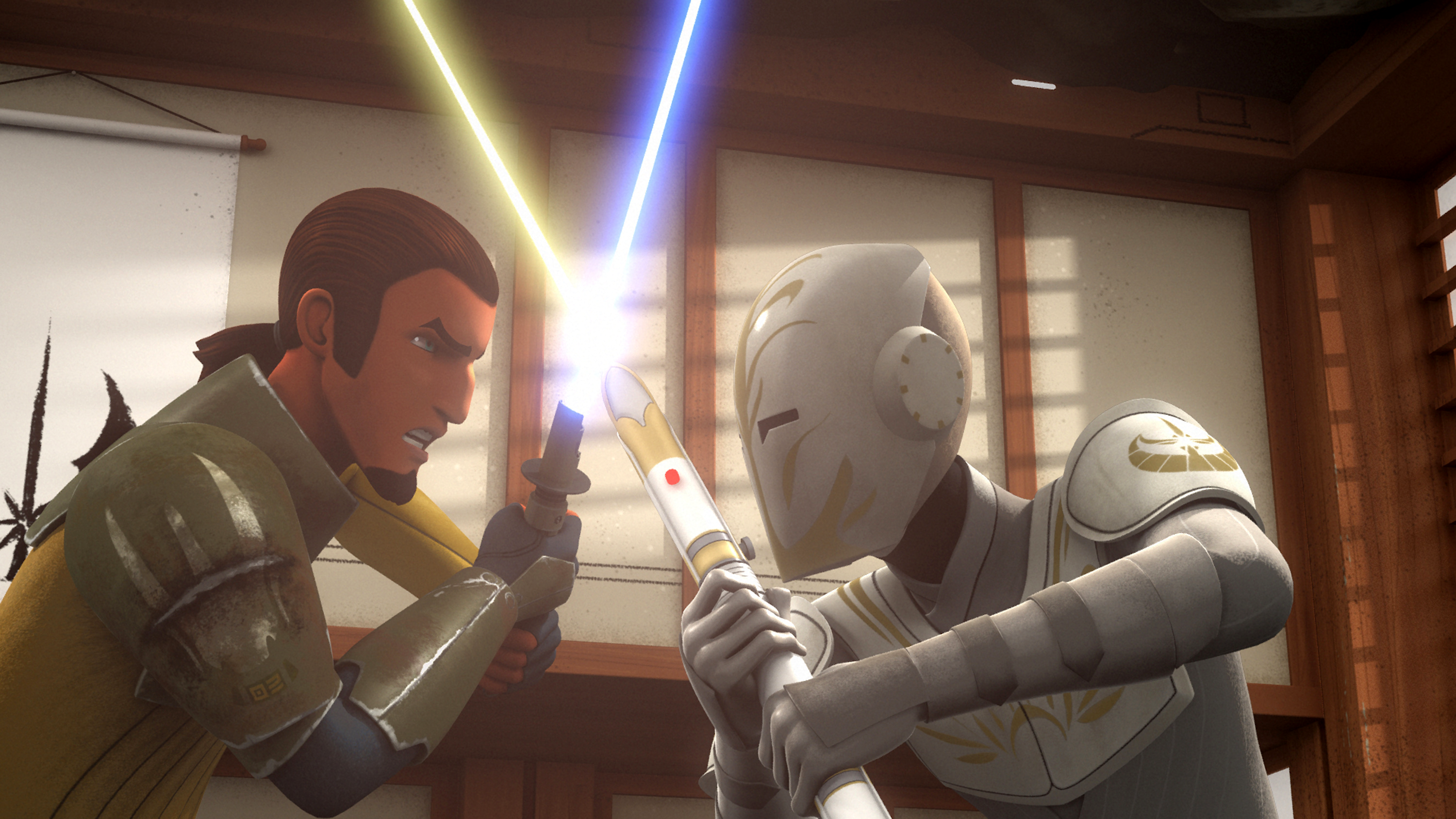 Kanan fights a Sentinel in his vision at the Lothal Jedi Temple.