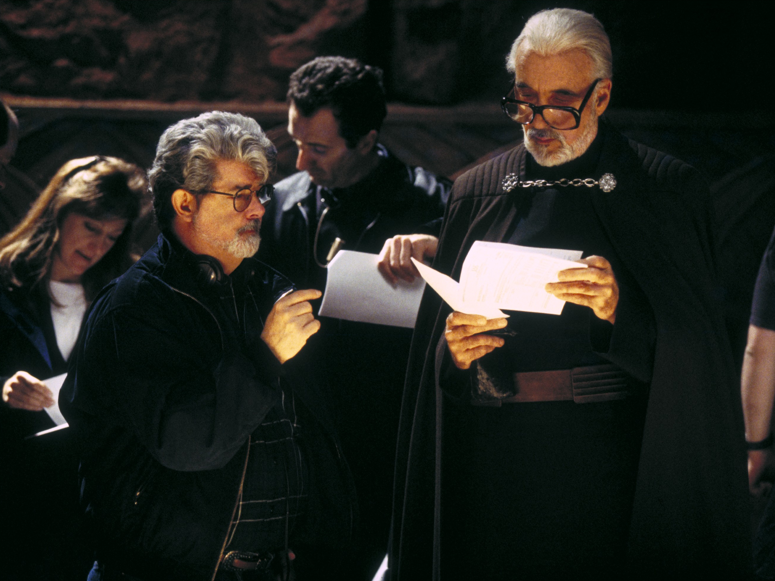 Christopher Lee with George Lucas on the set of Attack of the Clones