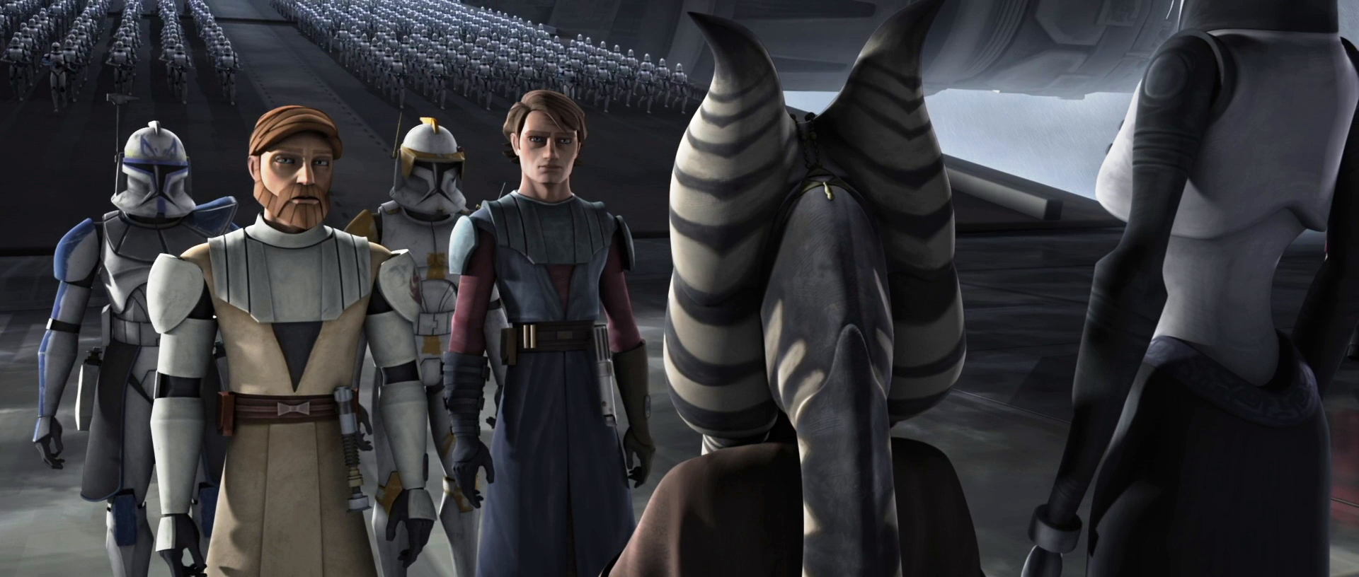 Shaak Ti greets Jedi Generals Obi-Wan Kenobi and Anakin Skywalker on Kamino.