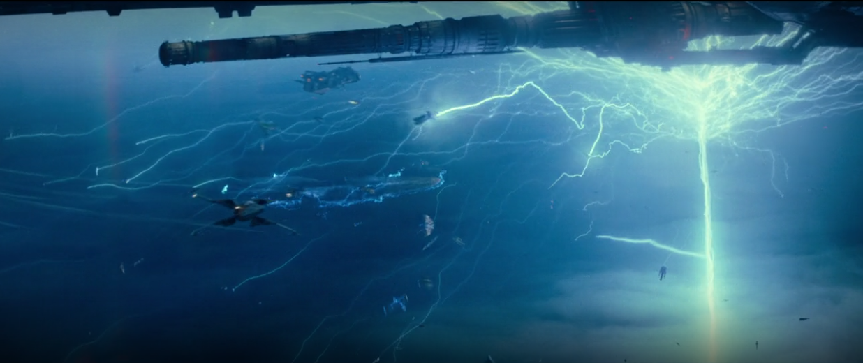 A Braha'tok-class gunship (below the cannon) is disabled by Darth Sidious's Force Lightning along with the other vessels of the Citizens' Fleet.