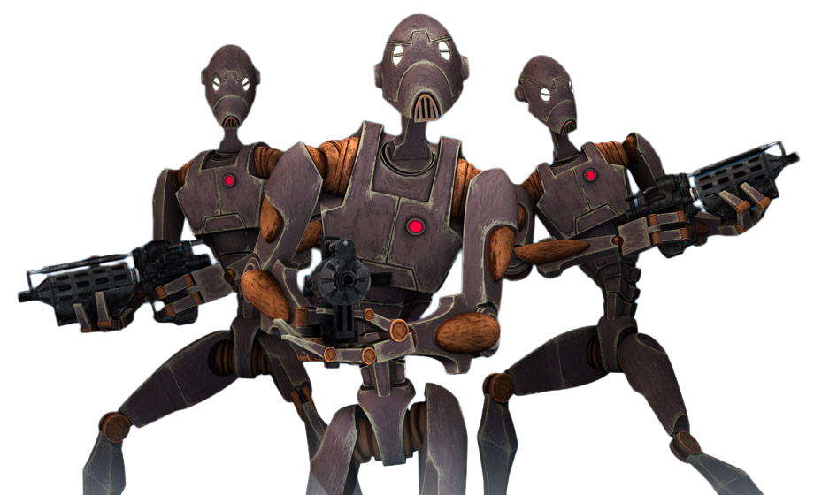 Three commando droids wielding blaster rifles.