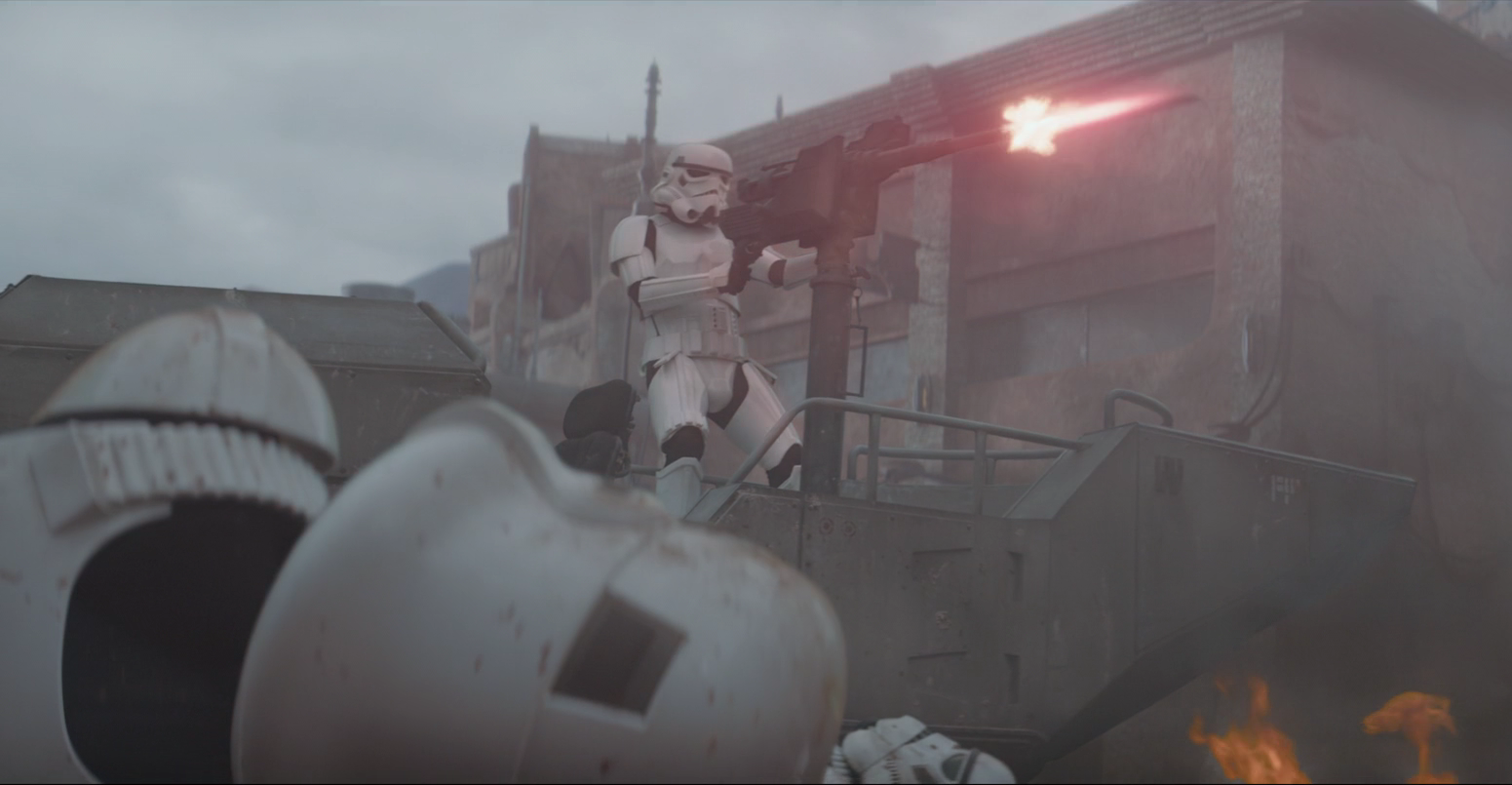 A stormtrooper opens fire at the crowd using a speeder cannon.