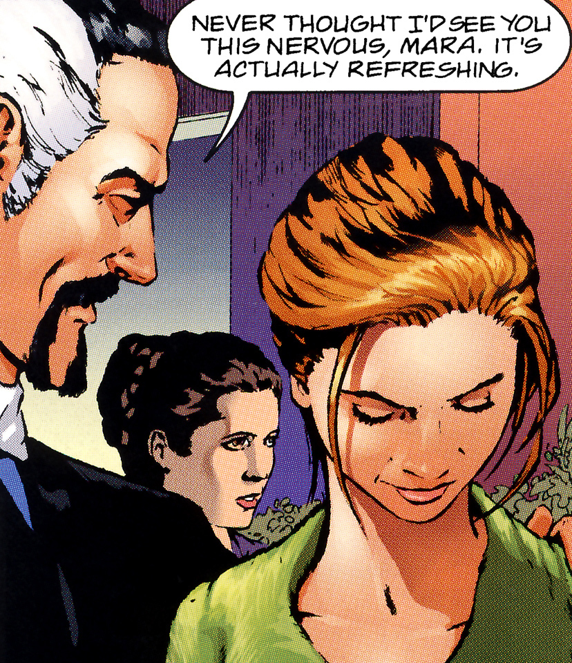 Karrde speaks with Mara Jade before her wedding ceremony.