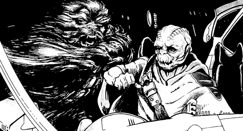 Chewbacca assaults Khabarakh in the cockpit of the Noghri's shuttle