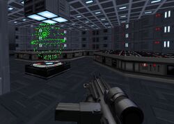 Kyle Katarn enters a facility room with a Death Star , moments before acquiring the plans.