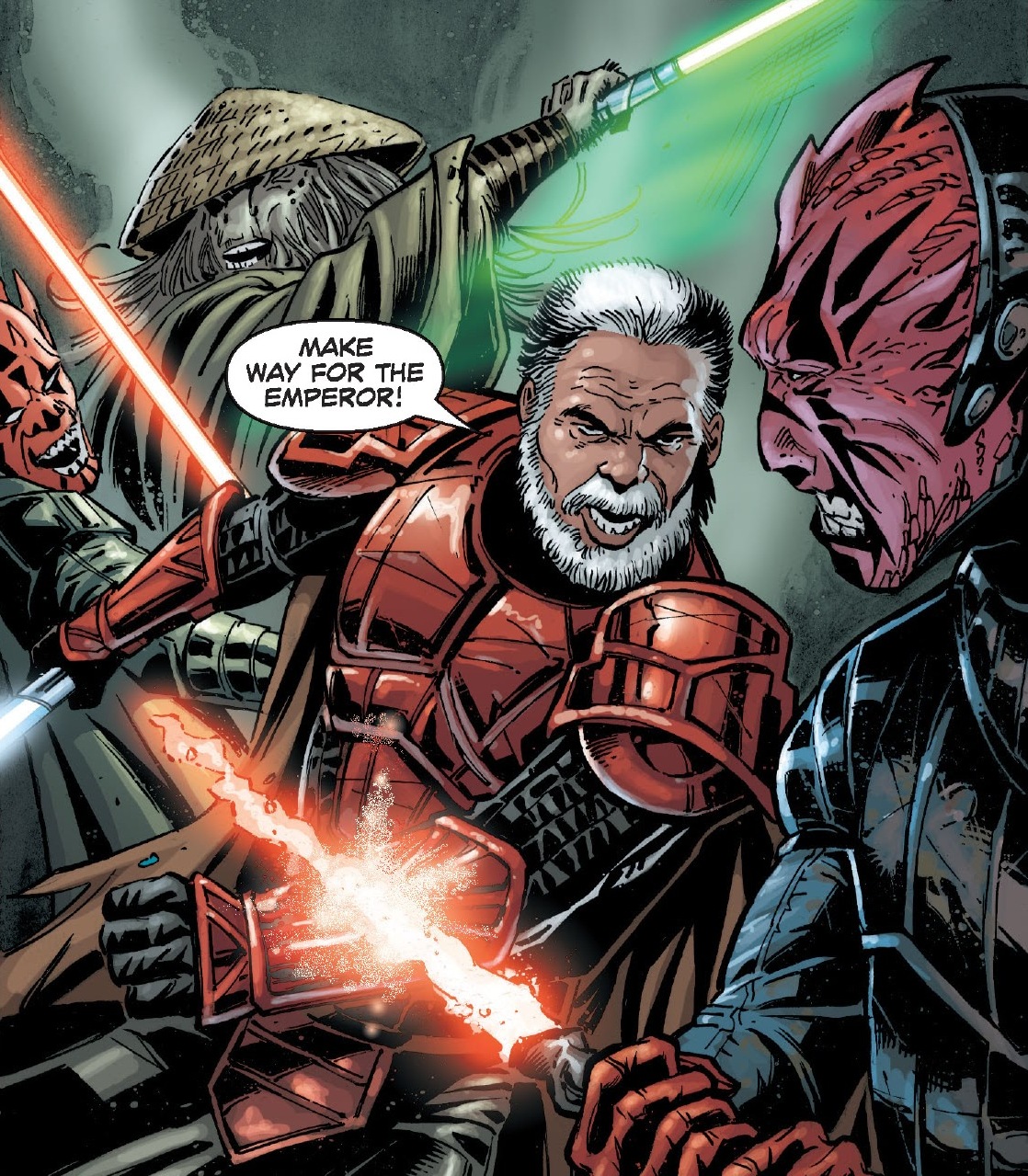 Jedi and Imperial Knights battle Sith on the planet's surface.