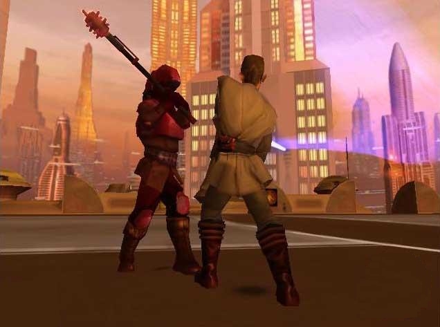 Obi-Wan Kenobi fighting a Jin'ha on Coruscant.