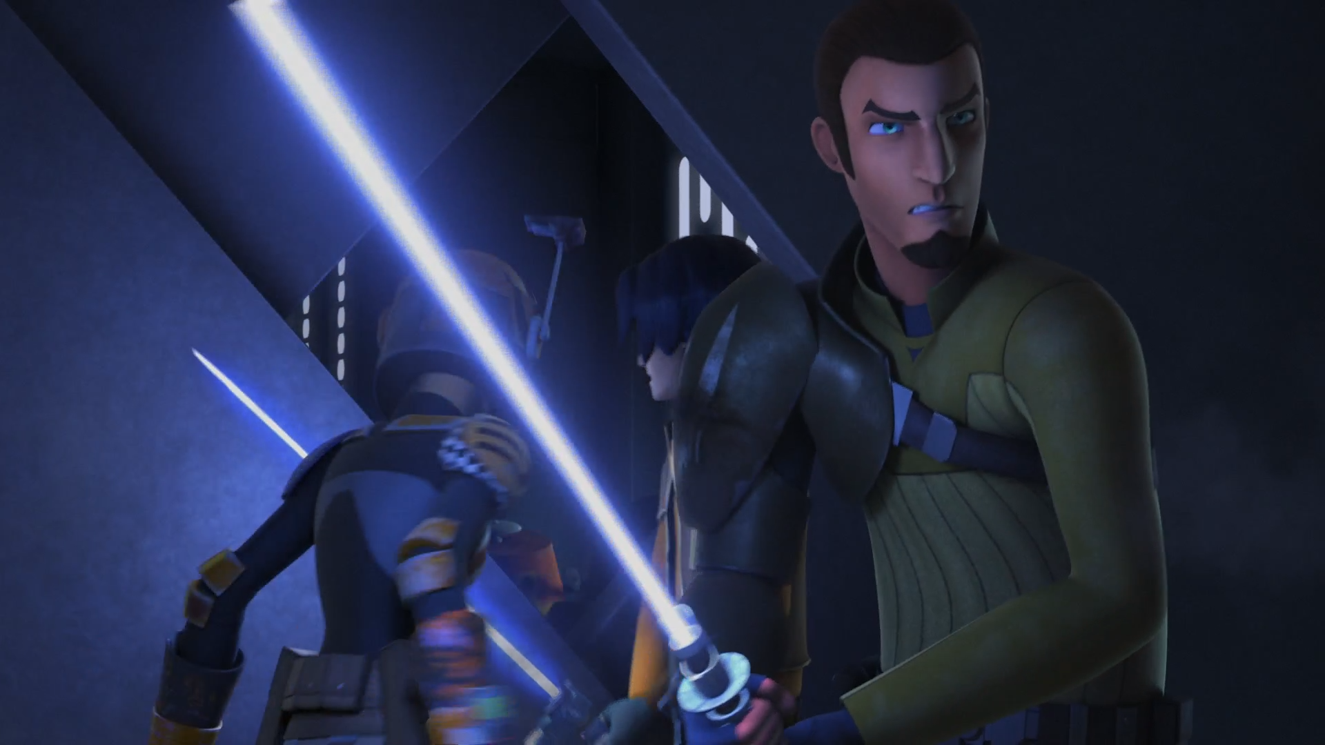 Kanan holds off a group of stormtroopers aboard the station while Chopper reopens the blast door.