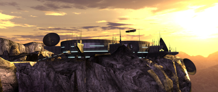 The Ebon Hawk lifts off from Dreshdae starport, awash in the golden light of a Korriban sunset.