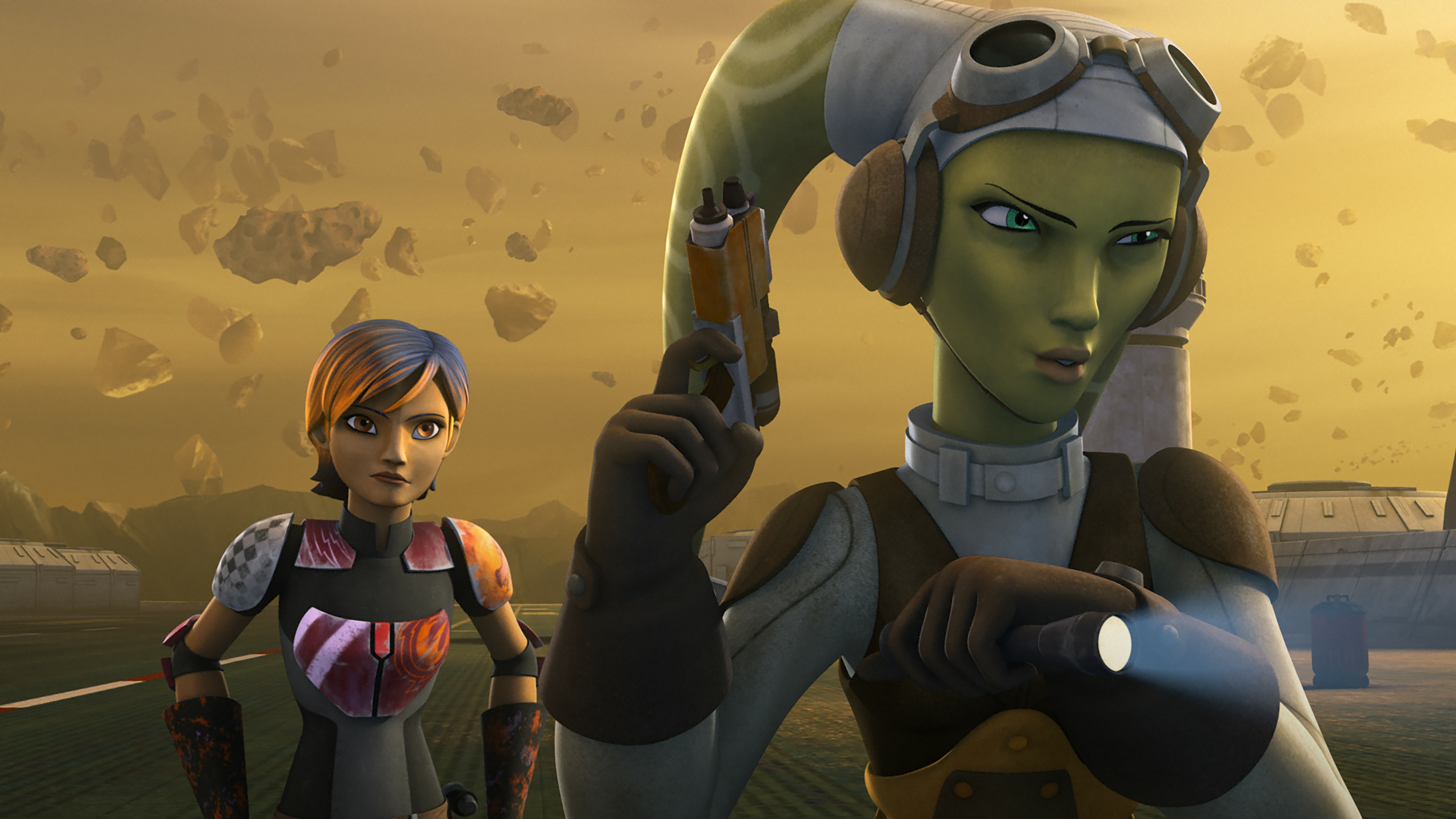 Hera Syndulla and Sabine Wren settling their differences on Fort Anaxes.