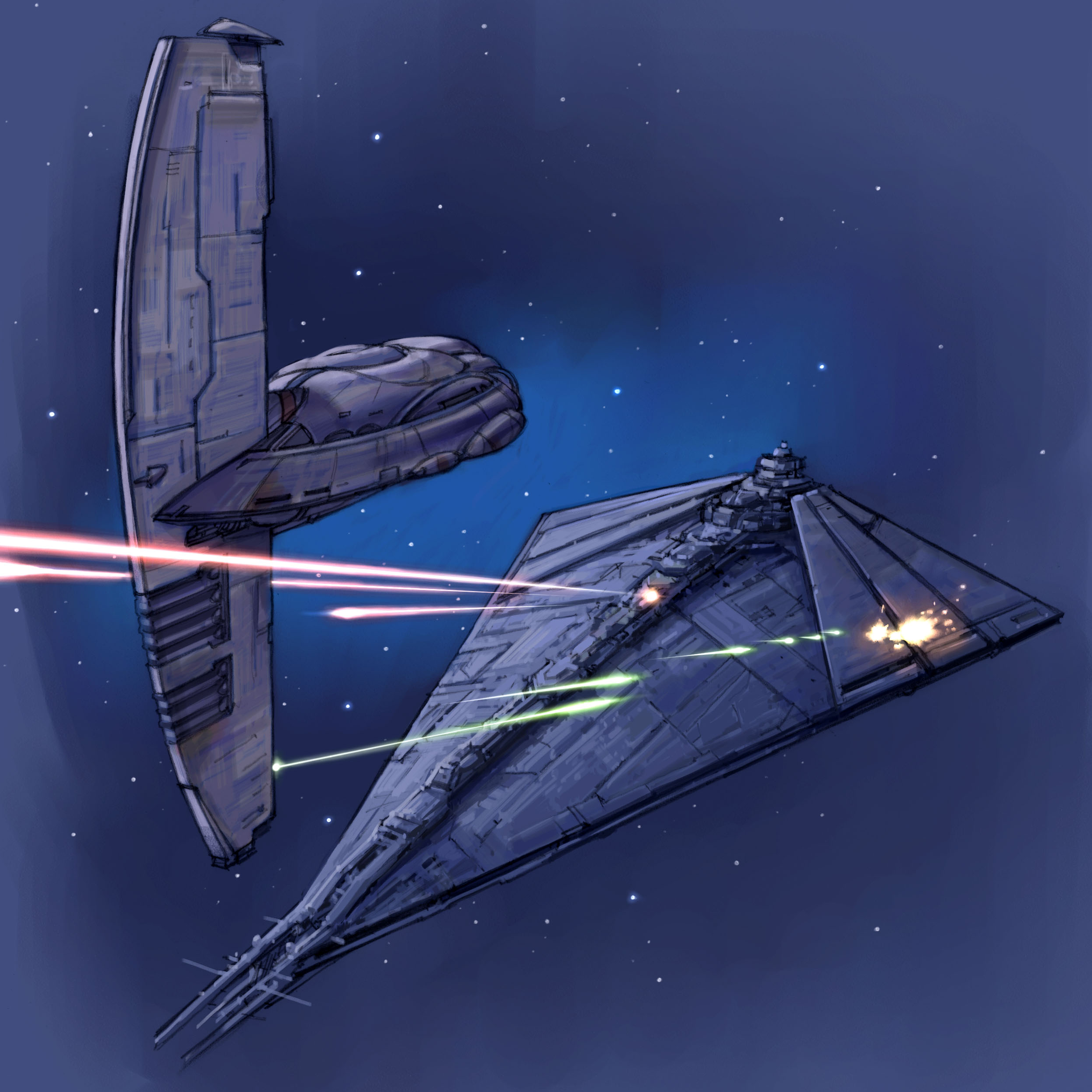 A MC140 Scythe-class cruiser exchanges fire with a Pellaeon-class Star Destroyer.