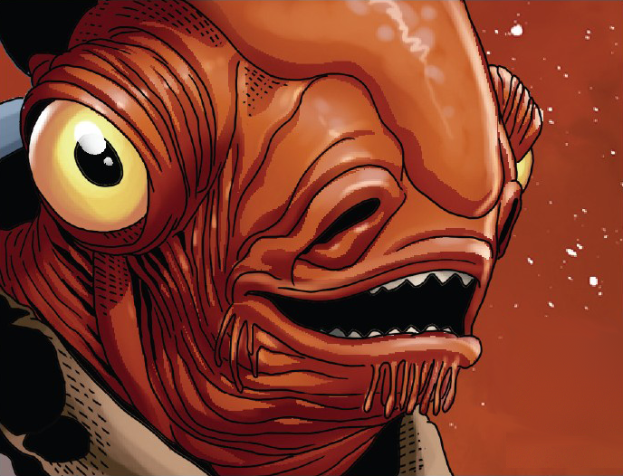 Ackbar ordering starfighters to scramble and restoring hope into his crew.