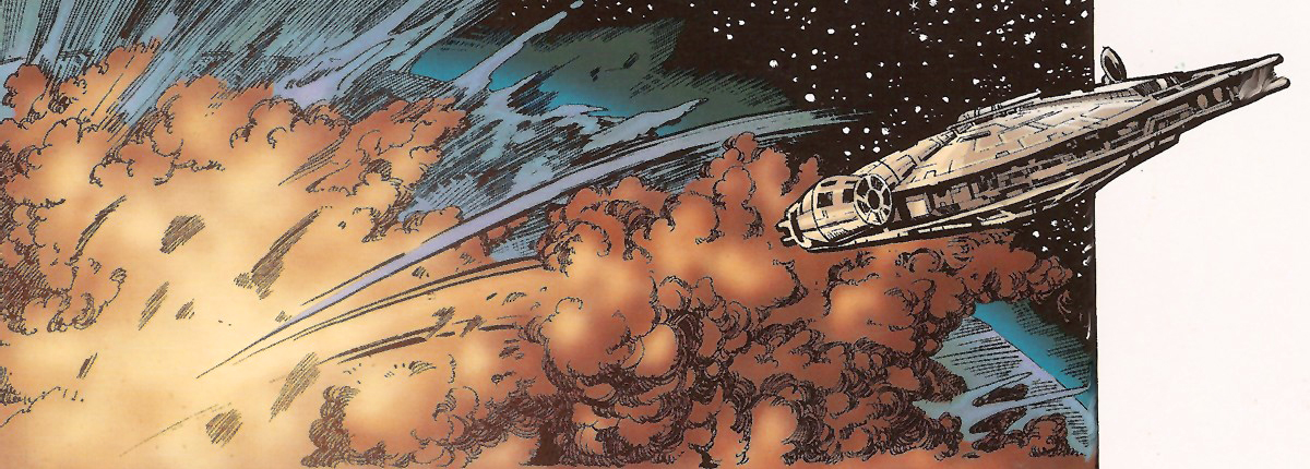 The Millennium Falcon flees the explosion created by Dobido's impact with Sernpidal.