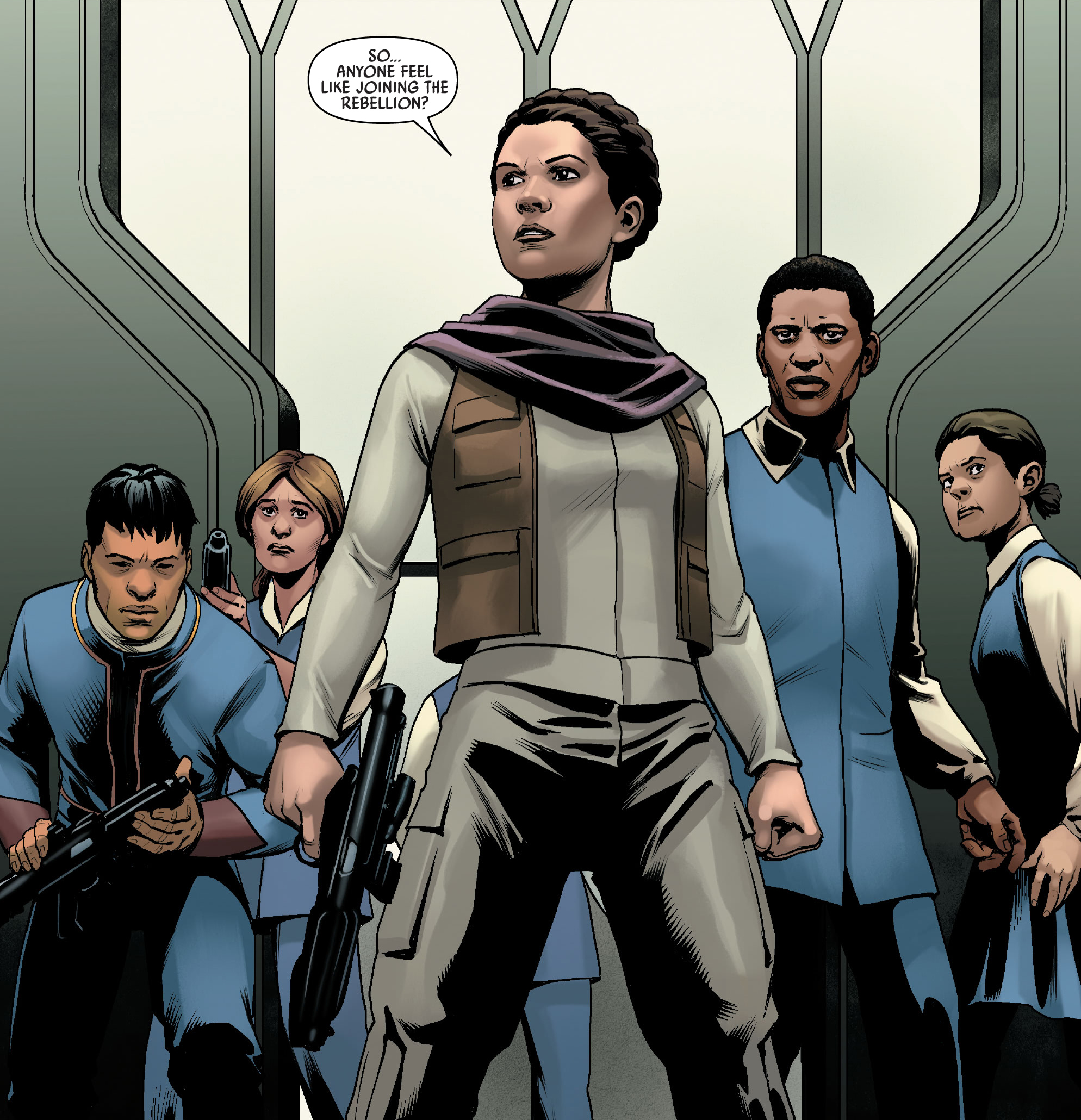 Leia Organa stands with members of the Bespin Guard during the second escape from Cloud City.