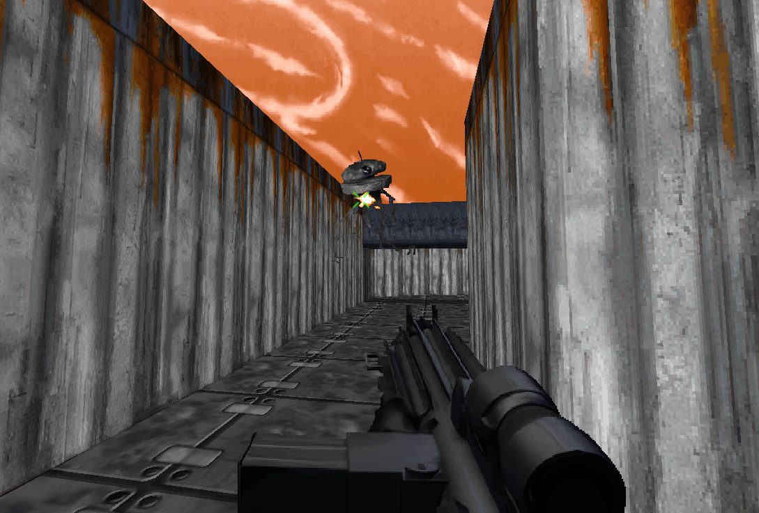 Kyle Katarn shoots a hovering Viper probe droid guarding the area of the Anoat sewers.