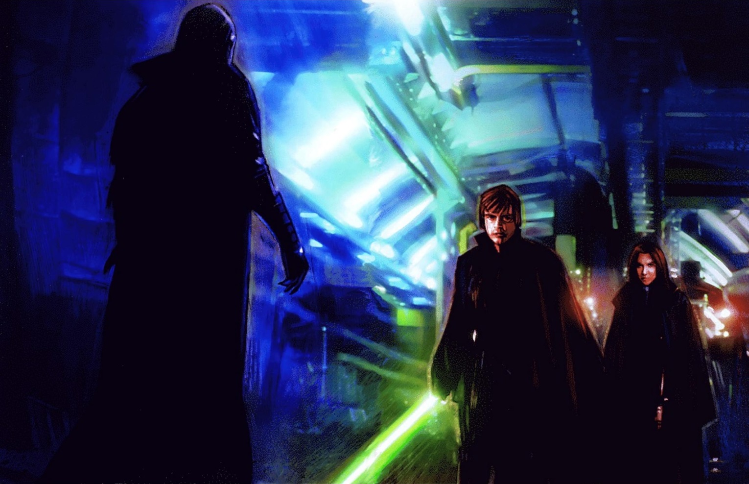 Luke Skywalker and Leia Organa Solo confront Darth Sidious.