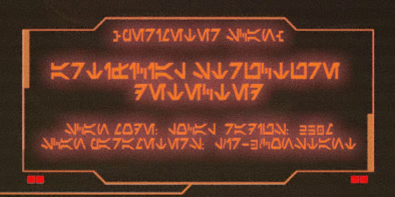 Aurebesh parentheses and slashes on Tech's visor in the Star Wars: The Bad Batch episode "The Crossing", along with regular English colons and an English hyphen