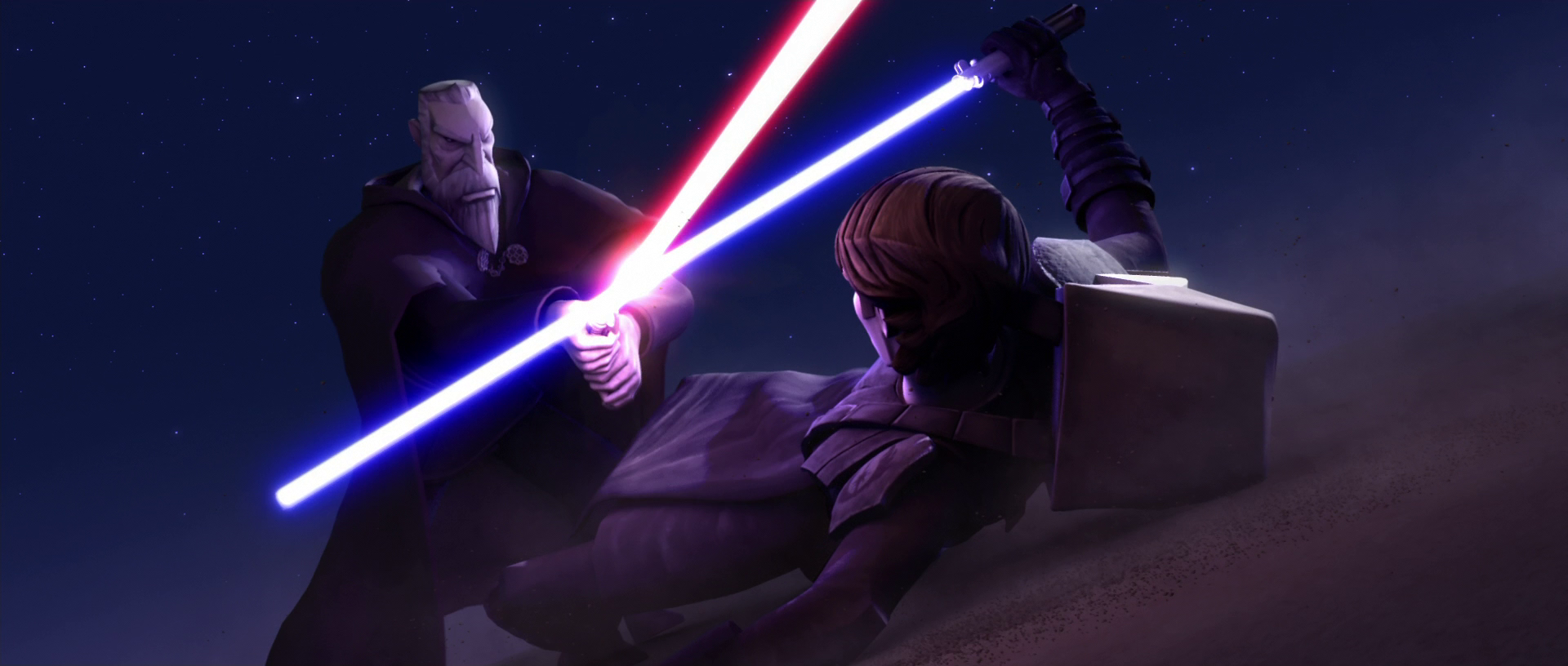 Anakin Skywalker wields the lightsaber during his second rematch with Dooku.