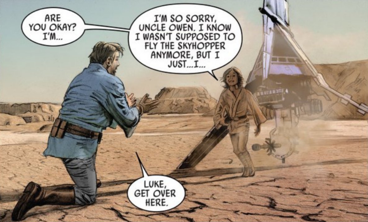 Safe from the bounty hunter, Lars is reunited with Skywalker.