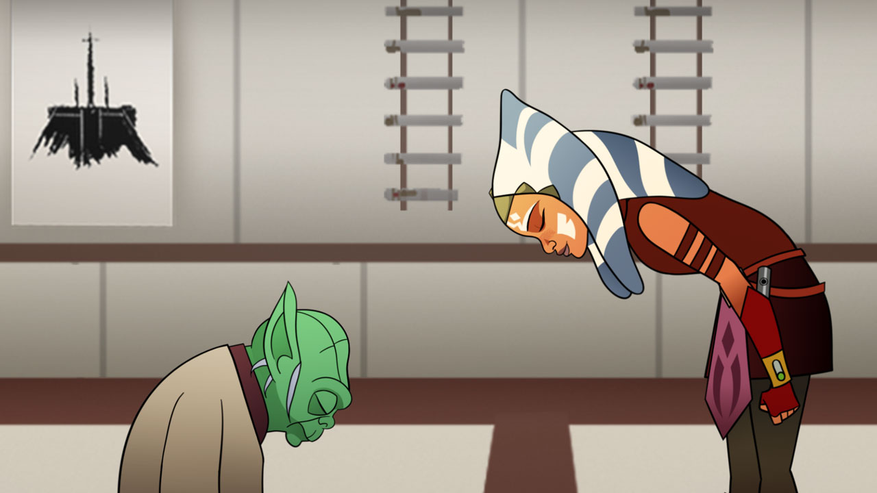 Yoda and Ahsoka Tano prepare to duel in the dojo.