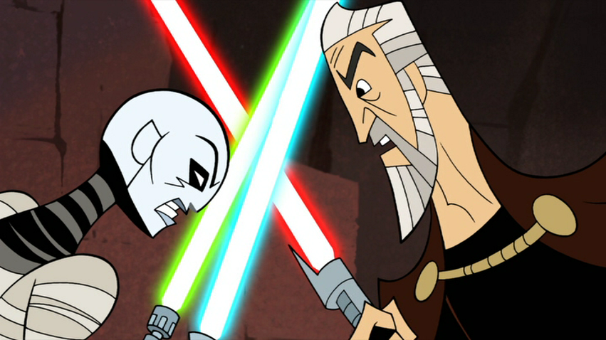 Dooku taunts Ventress as they cross blades