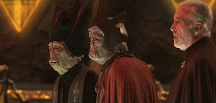 Viceroy Gunray, Settlement Officer Haako, and Count Dooku on Geonosis.