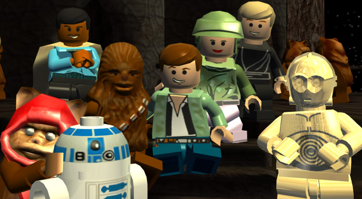 Luke Skywalker, Princess Leia, Han Solo, Chewbacca, Lando Calrissian, C-3PO, R2-D2, and Wicket in the game's final cutscene.